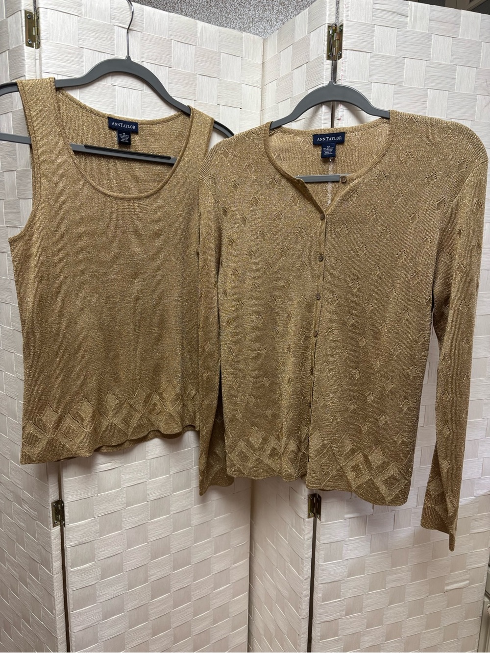 Ann Taylor Metallic Gold Tank and Button-Front Cardigan Set Medium